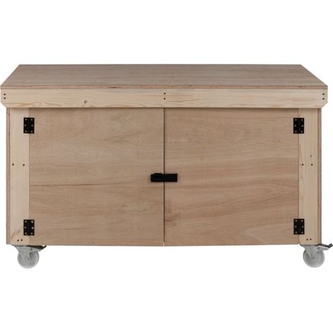 Wooden Eucalyptus hardwood top workbench with lockable cupboard (V.9) (H-90cm, D-70cm, L-120cm) double shelf and wheels (1/5)