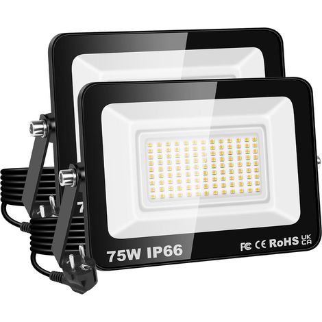 Projecteur LED 75W, étanche IP66, éclairage de sécurité 7500 lm, applique murale extérieure blanc chaud 3000K pour jardin, cour, garage, terrasse, entrepôt, avec prise UE (2 pièce)