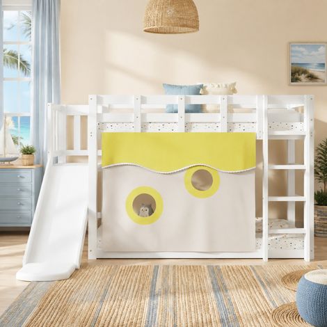 Cama alta infantil (244.5x165x140.5 cm), con tobogán, escaleras y cortinas, MDF y pino blanco (1/5)