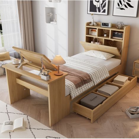Cama arca 90x200 cm - Con cabecero con almacenaje, cajón y mesa plegable - En madera - Natural (1/5)