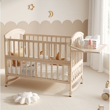 Parc bébé 120x60 cm, avec table à langer rabattable et roulettes, en bois naturel, sans matelas (1/5)