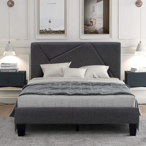 Upholstered bed, bed frame with slatted base, upholstered bed with decorative buttons, headboard for bedroom, adults and teenagers, in light grey cover (90 x 200 cm, dark grey) (1/5)