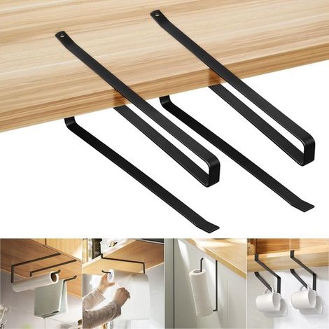 Porta rotolo da cucina senza foratura, modello salvaspazio a parete, a forma di Z, in metallo, nero, set da 2. Per ante di mobili da cucina e bagno. Montaggio a parete. (1/5)