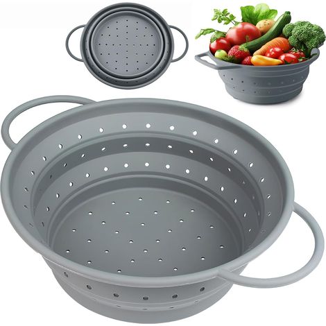 Scolapasta pieghevole in silicone con manici, ideale per scolare pasta, frutta e verdura, 26 cm (grigio)