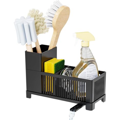 Organizador de fregadero y escurridor de cocina, soporte para esponja negro con soporte para cepillo de fregar de alto rendimiento, multiusos (1/5)