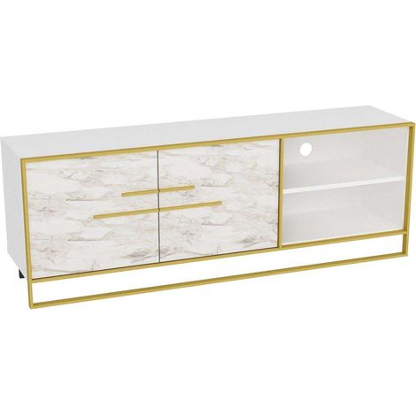 Cotecosy – Meuble TV 160cm en bois mélaminé blanc effet marbre et métal doré – 2 portes – Design contemporain et élégant – Assemblage facile (1/7)