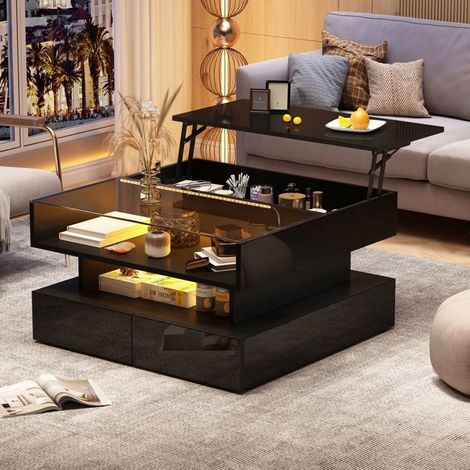 Table basse 80x80, plateau verre trempé table basse salon, rangement intégré, LED intégrées, plateau relevable (1/5)