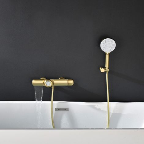 Grifo Ducha Termostatico Oro, Grifo Bañera con Ducha de Mano de 3 Modos, Grifos de Ducha Cascada de Latón con Caño Giratorio y Manguera de PVC de 1,5m, Pared, Mango Doble, para Baños (1/5)