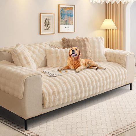 Thick L-Shaped Sofa Cover for 1/2/3/4 Seater Sofas, Protective Sofa Cover, Universal Non-Slip Faux Fur Sofa Cover for Living Room (White Plush, 30 x 50 cm) (1/5)