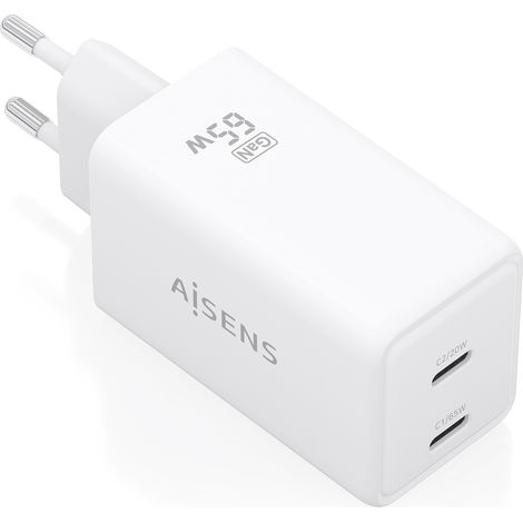 AISENS - CARGADOR GaN 65W, 2xUSB-C PD3.0 QC4.0, BLANCO