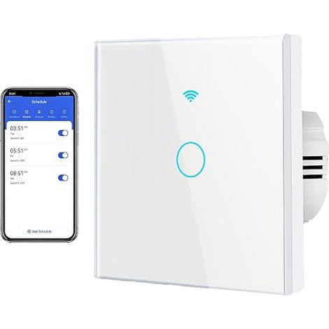 Interruttore intelligente WiFi, interruttore touch a parete, 1 modulo, 1 via, compatibile con Alexa, interruttore touch standard, pannello in vetro bianco, 110V-240V, interruttore per illuminazione a (1/5)
