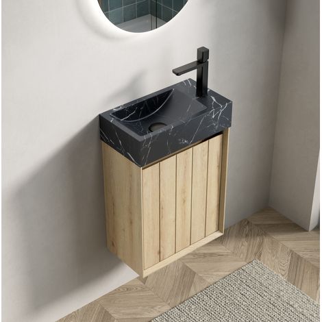 Meuble lave-mains suspendu en marbre naturel noir et contreplaqué, vasque intégrée, 1 porte, format compact (1/5)