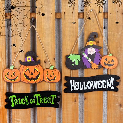 2 pièces de décorations d Halloween, panneaux de porte en bois, pendentifs artisanaux en forme de citrouille pour fête d Halloween (1/4)