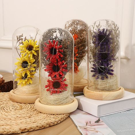 Cloche en verre contenant un tournesol stabilisé et éclairée par LED, idéale pour la Saint-Valentin et la Fête des Mères. 13,5 x 13,5 x 24,5 cm (1/5)