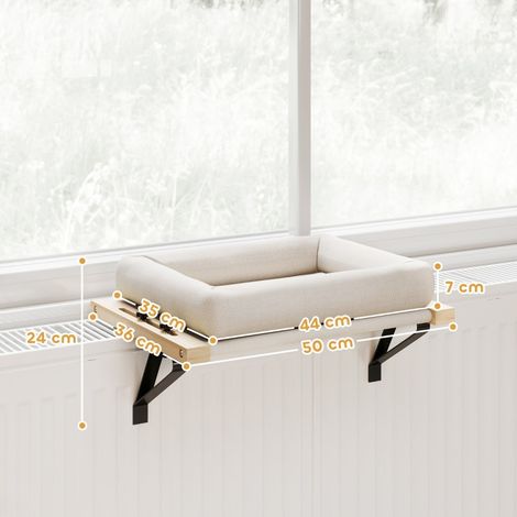 Maison pour chat avec support pour rebords de fenêtres et radiateurs, coussin inclus, cadre en bois, couleur blanche (1/5)