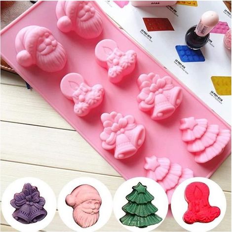 Moules,Moules en Silicone Antiadhésif de Noël,Moules à Forme Spécifique de Noël avec Père Noël,Arbre de Noël,Cloche et Bougie (1/4)