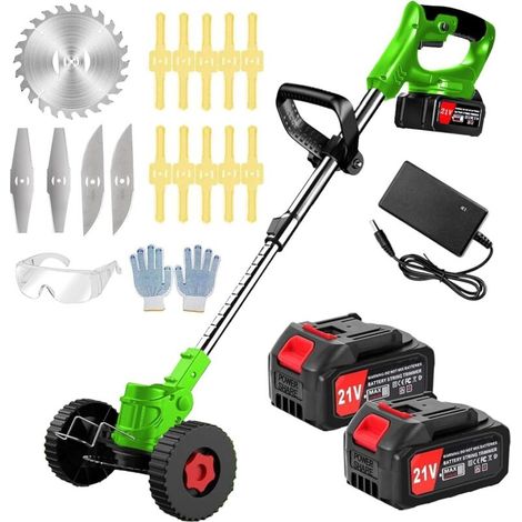 DéBroussailleuse à Batterie Electrique 21V Coupe Bordure sans Fil avec Batterie&Trois Types De Lames& Faible Bruit La Longueur Peut être ajustée pour Jardin, Pelouse, Ferm