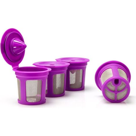 4 filtres à café réutilisables – Capsules de café rechargeables avec filtre intégré pour cafetière à une tasse (violet) (1/4)