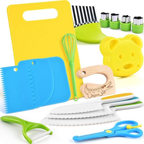Kit Couteaux Sécurité de Cuisine Enfants - 17 Pièces Couteau Montessori Sans BPA, Design Adapté aux Enfants, Couteaux Enfant qui ne Coupe pas, Couteau Bebe Apprentissage, Idée Cadeau dès 2 ans (1/5)