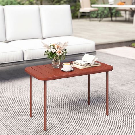Mesa de centro de jardín de acero galvanizado, tablero de listones, rectangular con esquinas redondeadas, 90x50x43cm, roja.