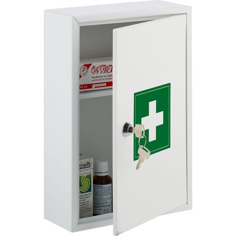 Relaxdays Medizinschrank, abschließbar, 2 Fächer, HxBxT: 32 x 21,5 x 9,5 cm, für Medikamente, Arzneischrank, weiß/grün