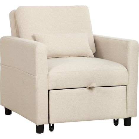 HOMCOM Poltrona Letto 3 in 1 Estraibile con Ruote e Tasche, Bianco Crema