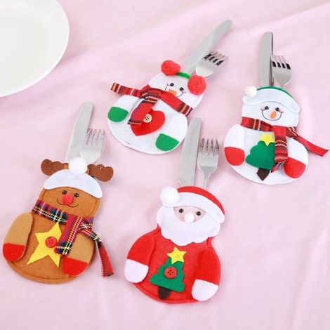 Lot de 4 pochettes à couverts de Noël - Motifs renne, Père Noël, bonhomme de neige - Décoration de table festive (1/5)