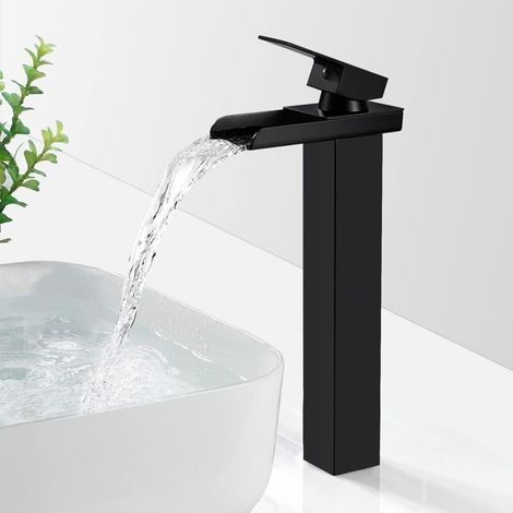 Mitigeur Lavabo Cascade Haut Robinet Salle Bain Noir Mat Robinetterie Vasque à Poser Carré Laiton Eau Froide Chaude G 3/8 (1/4)