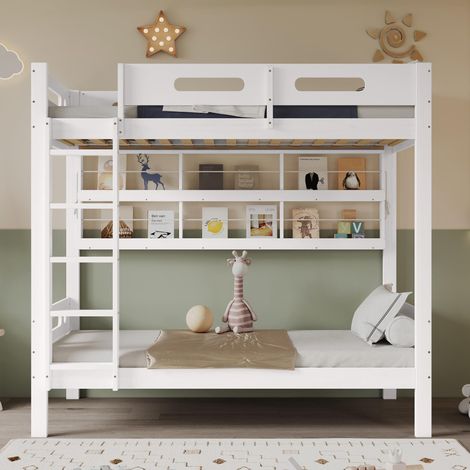 Lit superposé pour enfant avec barrière de sécurité, étagère ouverte, échelle à cinq marches, grand espace de rangement, pin et MDF, blanc, 90 x 200 cm