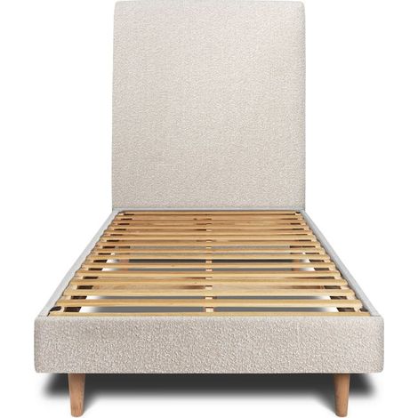 Lit 90x190cm avec tête de lit tapissier bouclette et sommier kit Beige - Hauteur totale : 29cm (1/5)