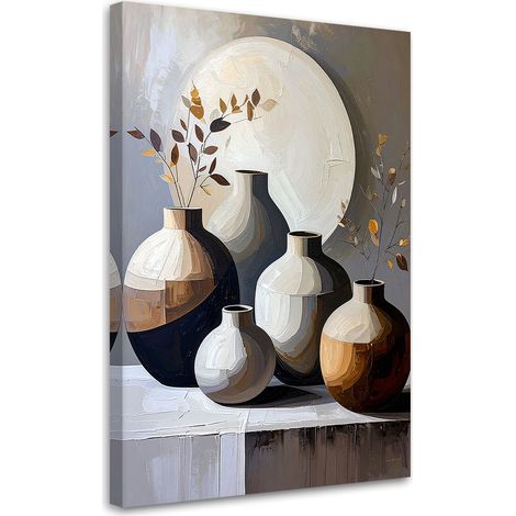 Toile Imprimée, Nature morte cruches feuilles en beige,20x30 (1/4)