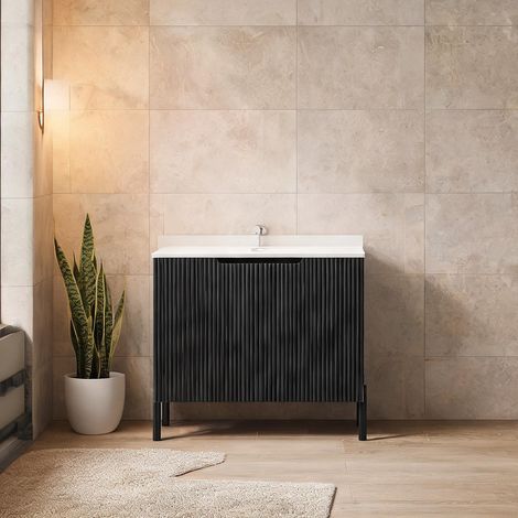 Meuble vasque noir en panneaux de particules avec plan (1/5)