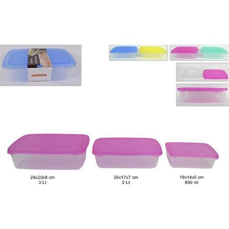 Vtizikl Set 3 Contenitori In Plastica Con Coperchio Ermetco Clic Clac Alimenti Colorato -
