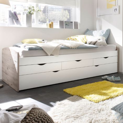 Lit banquette Nasri 90x200 avec tiroir de lit - chêne sablé/blanc (1/5)