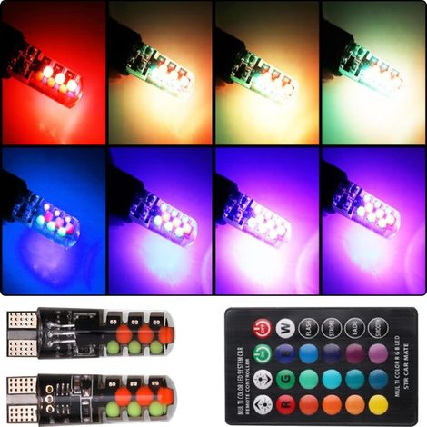 2 lampadine LED RGB T10 per auto con telecomando - Funzione lampeggiante multimodale - Lampadine COB a cuneo - illuminazione interna, targa, portiere e bagagliaio (1/5)
