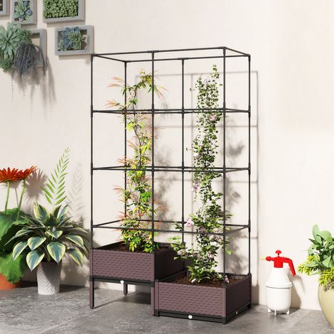 Fioriera con traliccio in metallo per piante rampicanti, 2 vasi in PP con fori di drenaggio, 100x50x174 cm, nera