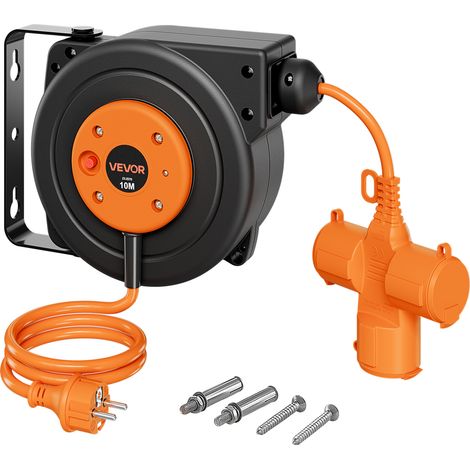 VEVOR Enrouleur Electrique Automatique 10 m 1,5 mm² Rallonge Retractable pour Montage Mur Plafond, Protection Surchauffe, Cable Alimentation Orange, avec Connecteur a 3 Prises, Support Pivotant 180° (1/5)