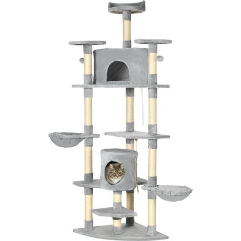 ALBERO TIRAGRAFFI PER GATTI ALTO CON CASETTE E AMACHE. 60X60X200CM. GRIGIO CHIARO (1/5)