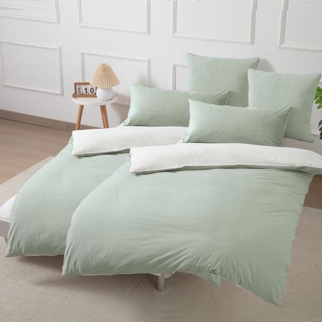 Parure de lit 4 pièces en coton 135 x 200 cm Vert sauge/blanc – Parure de lit douce, 100 % coton lavé, comprend 2 housses de couette 135 x 200 cm et 2 taies d'oreiller 80 x 80 cm avec (1/5)