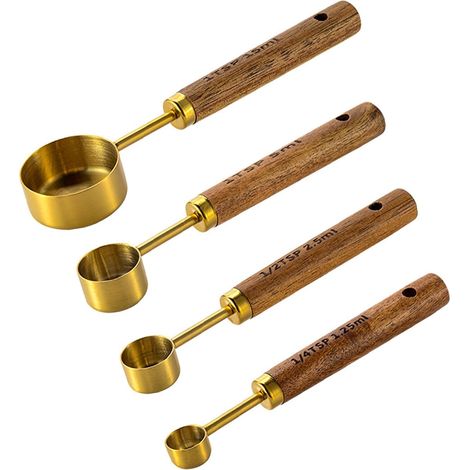 Ensembles de Cuillères Doseuses, 4 Pièces inoxydable Cuillères à Mesurer, Cuillere Mesure Cuillere Doseur Café avec manche en bois pour la cuisson (Or) (1/5)