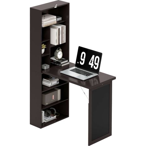 Wandmontierter Klapptisch mit Stauraum, Bücherregal, Tafel und verstellbarem Regalboden