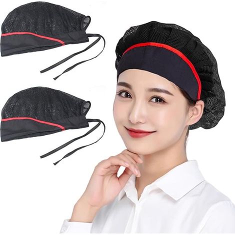Lot de 3 filets à cheveux noirs avec accent rouge et nœud – Toques de chef respirantes pour la cuisine, la restauration et la transformation des aliments (1/5)