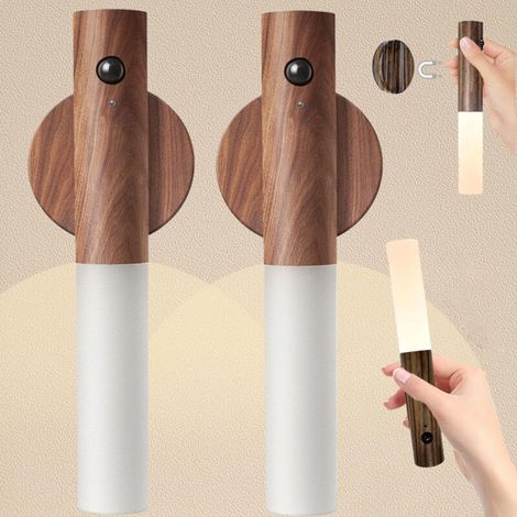 Lot de 2 appliques murales magnétiques sans fil, LED rechargeables par USB, détecteur de mouvement d'intérieur, veilleuses magnétiques pour escaliers, chambres, couloirs (couleur noyer foncé) (1/5)