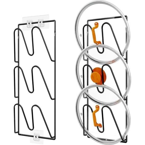 Juego de 2 estantes para tapas de ollas, soporte de tapas de 3 niveles, no requiere perforación, adhesivo de pared, inoxidable para almacenar ollas y sartenes.