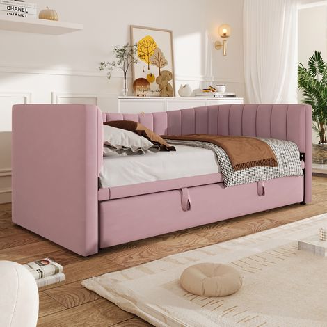 Lit de jour rembourré 90–180×200cm velours rose sans matelas,lit extensible,canapé-lit simple/double,style minimaliste