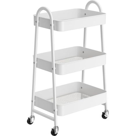 Chariot Mobile à 3 Niveaux, Desserte sur roulettes, Étagère de Rangement en métal pour Cuisine, Salle de Bain, Buanderie 2 Freins, Blanc (1/5)