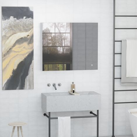 Badezimmerschrank mit Spiegel, LED-Beleuchtung, verstellbaren Einlegeböden und USB-Anschluss, modernes Design, 90 x 15 x 75 cm, Weiß