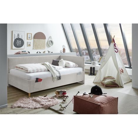 Meise Möbel Kinderbett Cool 120x200 cm  Bettgestell  Kopfteil & Rückenteil glatt  Cordstoff Nata  Holzfuß eiche (1/5)
