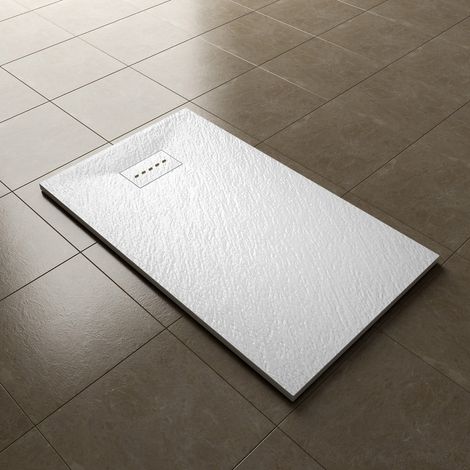 ELEGANT 1200x700mm Slip-Resistance Shower Tray White Slate Effect Square Shower Enclosure Base with Waste Trap and Drain Cover