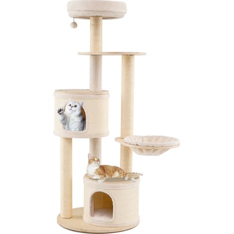COSTWAY 152CM Tall Cat Tree Wooden Kitten Tower w/Sisal Scratching Posts-Natural (1/5)